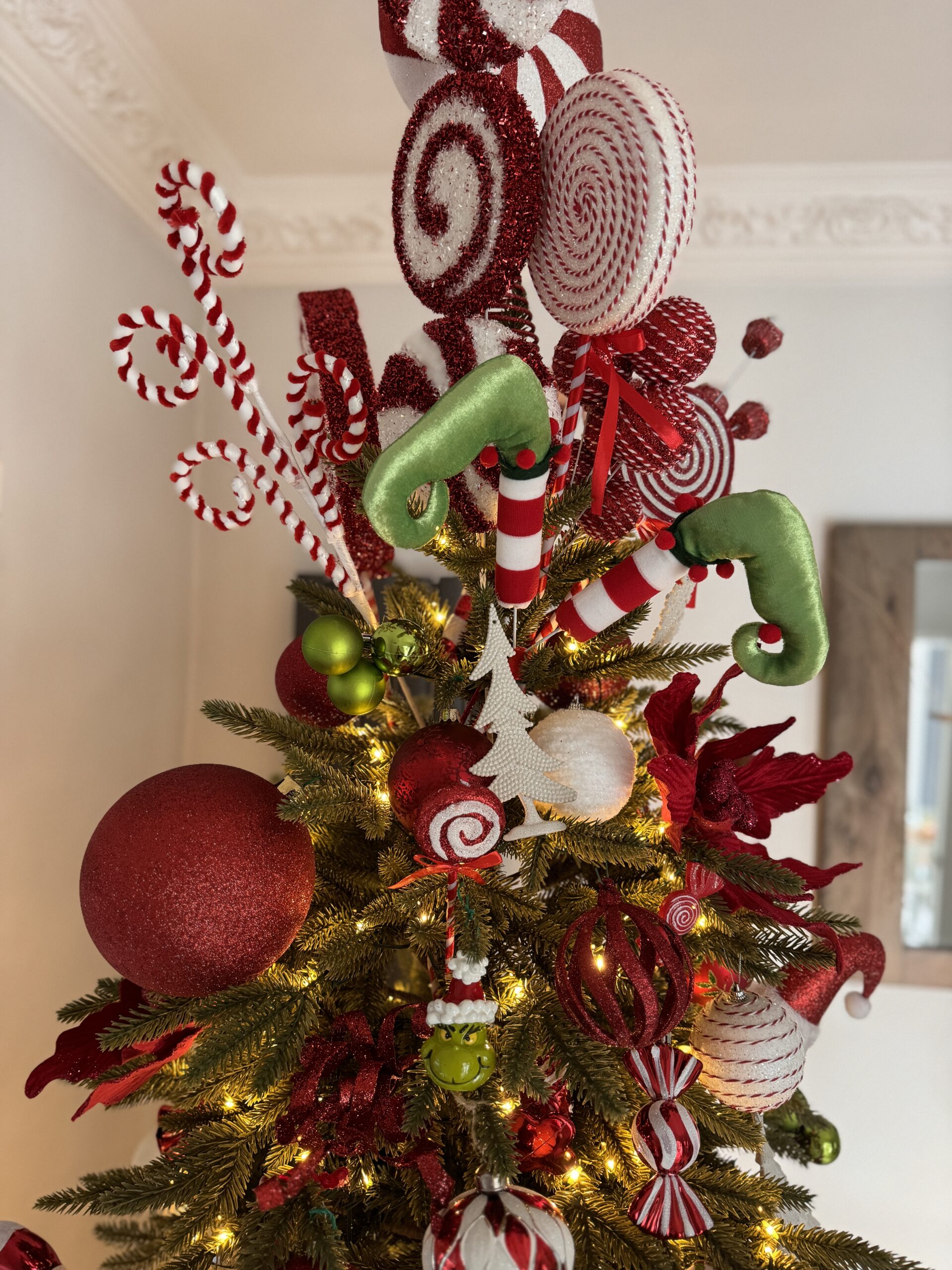 Christmas Tree topper / bouquet with candy canes, lollipops and grinch